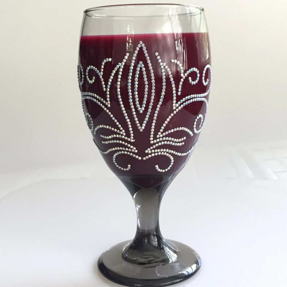 Gray tinted wine glass, unique, handmade. Floral, swirl AB white rhinestones